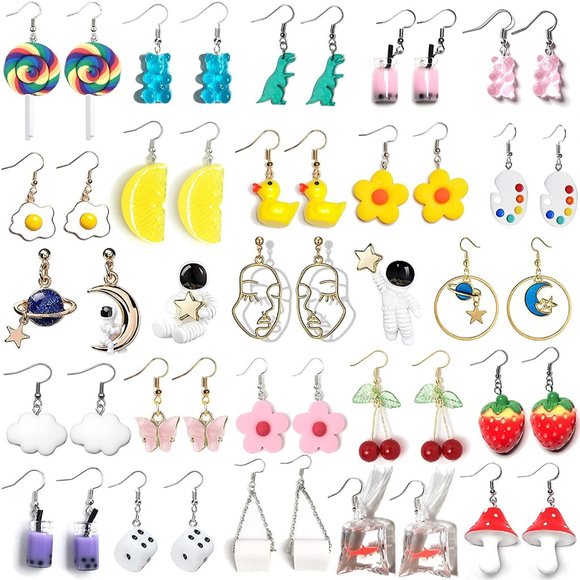 24 Pairs Weird Cute Earrings Drop Dangle Earrings for Women Girls Planet… - Picture 1 of 5
